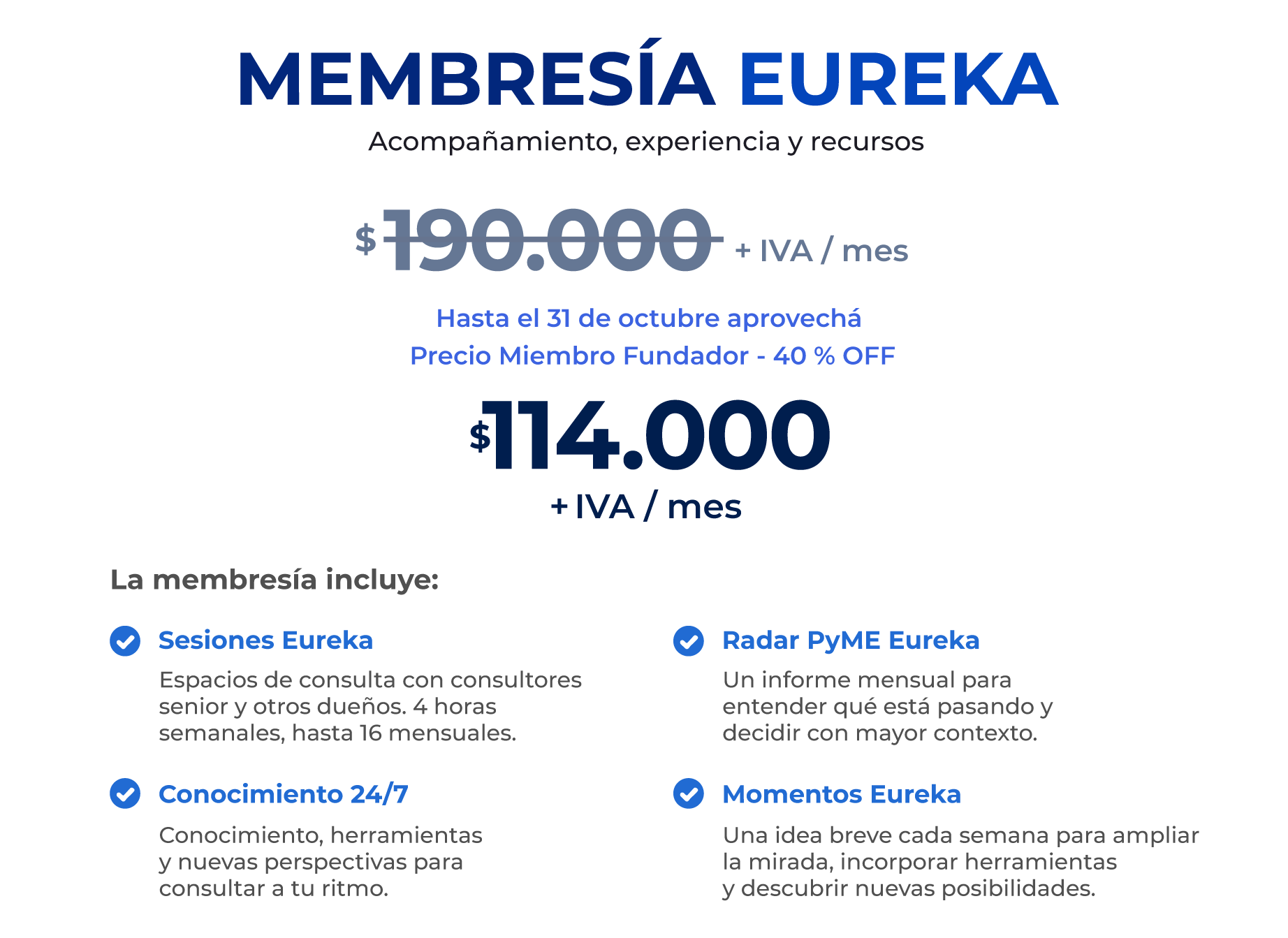 Membresía Eureka - Precio miembro fundador 40% OFF $114.000 +IVA/mes
